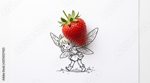 Whimsical fairy line drawing carrying a real strawberry, creative mixed media art with fresh fruit, cute hand drawn character on white background