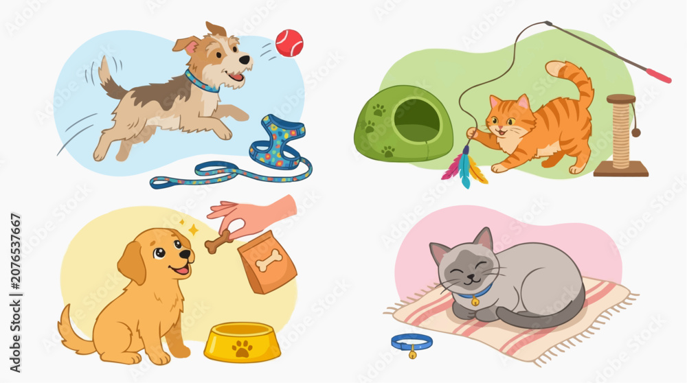 Obraz premium Cute cartoon dogs and cats playing with toys and treats, illustrating pet care and companionship Isolated on white background