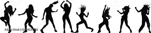 Fotografía Multiple black silhouettes of young women dancing energetically in various poses