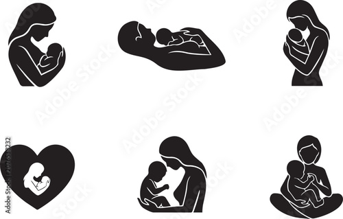Motherhood, bonding, and breastfeeding silhouette vector icon set