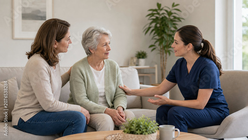 Nurse Supporting Senior Patient and Adult Daughter at Home