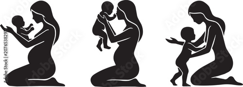 Maternity, pregnancy, and baby development silhouette vector icon set