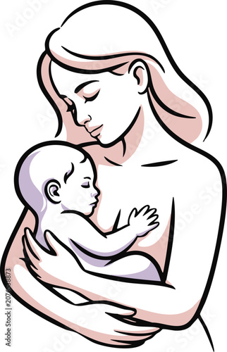 Mother holding and nursing newborn baby illustration
