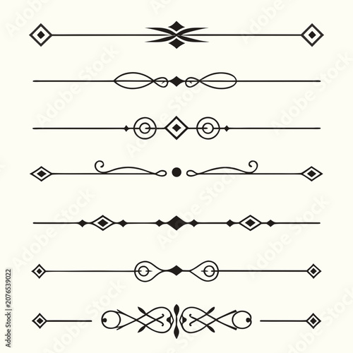 Canvastavla Decorative horizontal line dividers and geometric ornament set for document formatting wedding stationery and vintage page borders collection featuring diamond shapes and circular motif elements