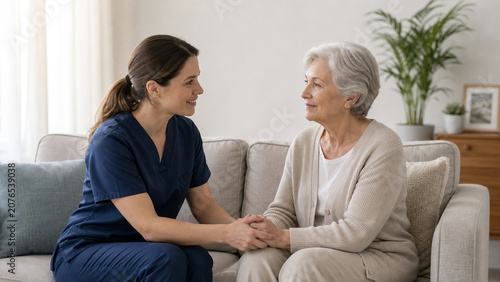 Nurse Holding Senior Woman Hand During Home Care