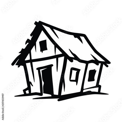 Dilapidated wooden shack representing poor accommodation. Rustic cabin and basic shelter. Black and white vector illustration isolated on transparent background