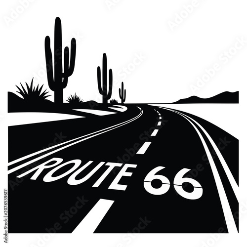 Route 66 desert highway perspective illustration. Black and white vector graphic with saguaro cactus silhouettes. American road trip concept isolated on transparent background