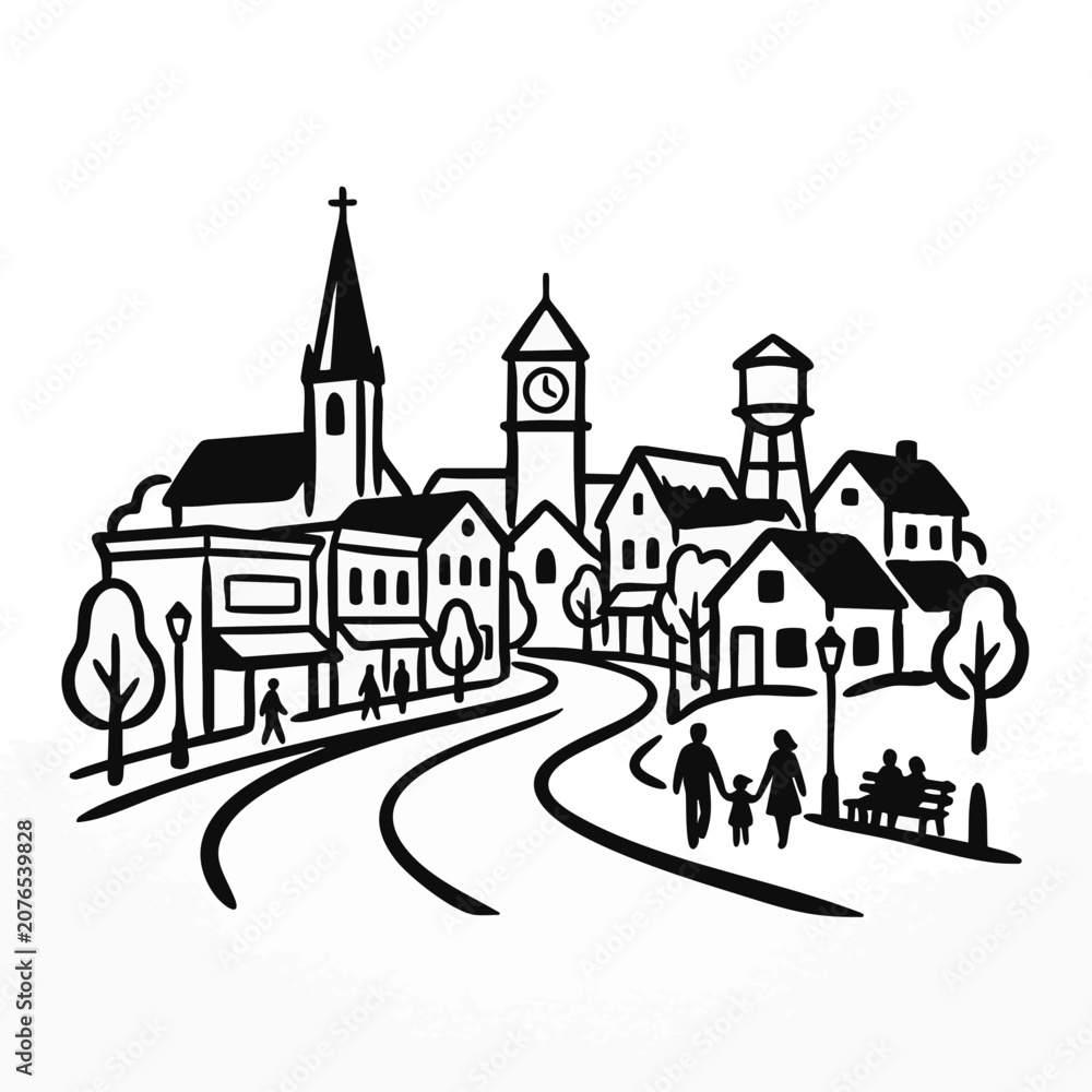 Fototapeta premium Small town street scene. Local community and neighborhood concept with people walking. Black and white vector illustration