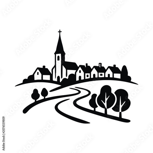 Small town visit silhouette vector illustration. Countryside village landscape with church and houses graphic. Rural tourism concept isolated on transparent background