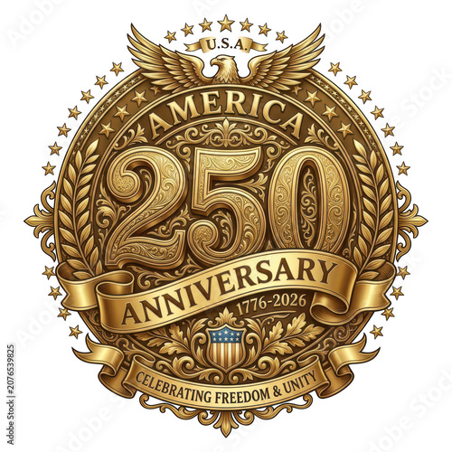 America 250th anniversary commemorative emblem with eagle and stars isolated on transparent background