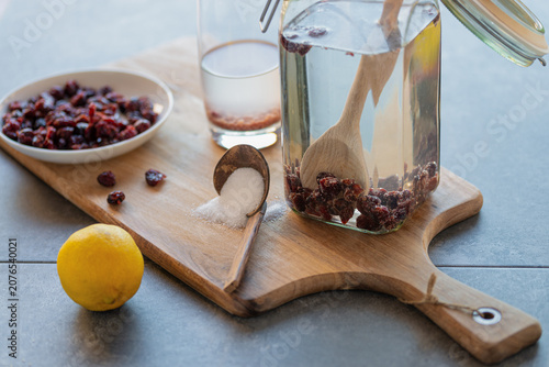 Fermented probiotic water kefir with cranberries - healthy refreshment