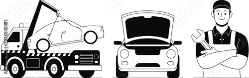 Schilderij op canvas Car repair service elements set featuring tow truck lifting broken vehicle open hood automobile and friendly mechanic character vector illustration