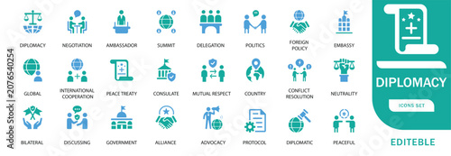 Bild auf Leinwand Diplomacy and International Relations Flat Icons Set,global, handshake, negotiat