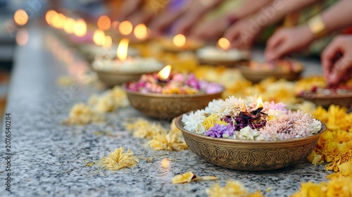 Devotees celebrating shivaratri by lighting diyas and offering flowers in a spirit of faith and meditation