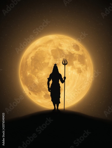 Silhouette of a divine figure holding a trident against a bright full moon for shivaratri celebration