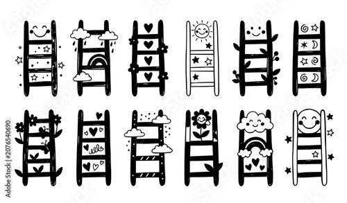 Foto Childs Drawing Ladder Collection with Cute Crayon Doodle Vector Set
