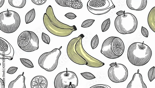 seamless pattern of hand drawn fruits apples pears bananas oranges and lemons in black and white outline style
