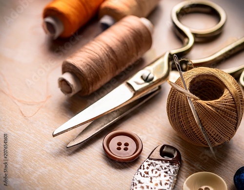 sewing tools and notions including thread spool scissors needle grid yarn ball and button