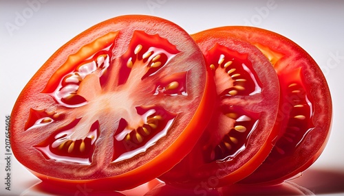 sliced fresh tomato close up view of juicy tomato slices with seeds and fleshy texture on a white surface vibrant red color