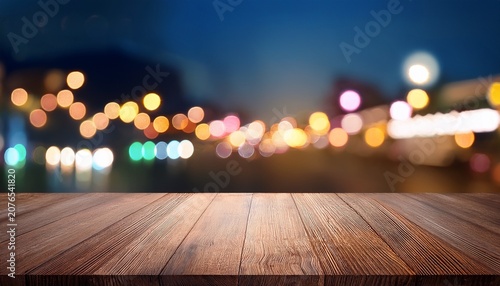 wooden table with blurred bokeh background and neon lights for night view