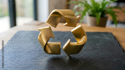 Recycling symbol sculpture in outdoor setting