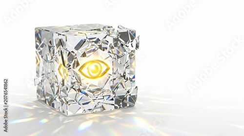 Mystical crystal cube with glowing golden eye, shattered diamond glass block, esoteric occult symbol in transparent geometric stone