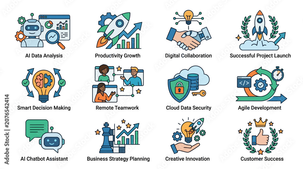 Fototapeta premium Set of modern technology and business concept flat vector icons.