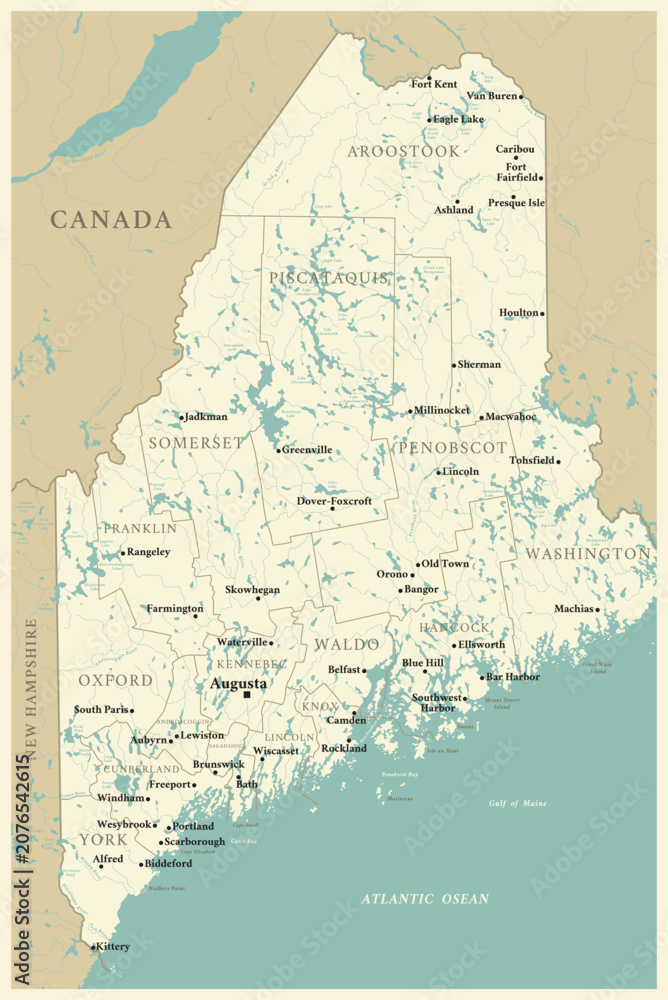 Obraz premium Maine - detailed map with administrative divisions and cities. Vector illustration of US state