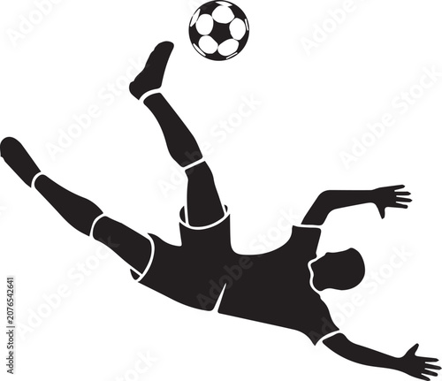 Soccer player silhouette performing a bicycle kick. Football athlete action vector in mid-air strike. Dynamic black and white sports graphic for tournament branding and athletic apparel.