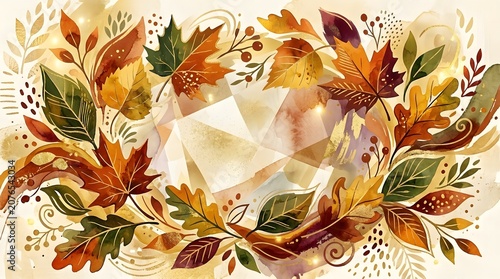 Autumn leaves and berries in warm colors on beige background with geometric shapes and swirling patterns