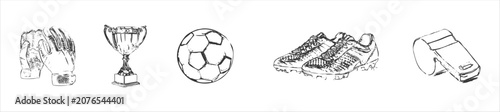 Photos Hand drawn sketch collection of soccer ball, gloves, boots and trophy with dynamic ink line art illustration