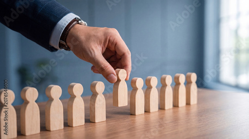 Business selection hand choosing leader among wooden people figures on table