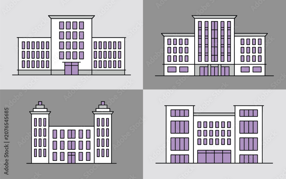 Fototapeta premium Professional collection of four flat line icons representing urban office buildings with clean lighting and organized layout.