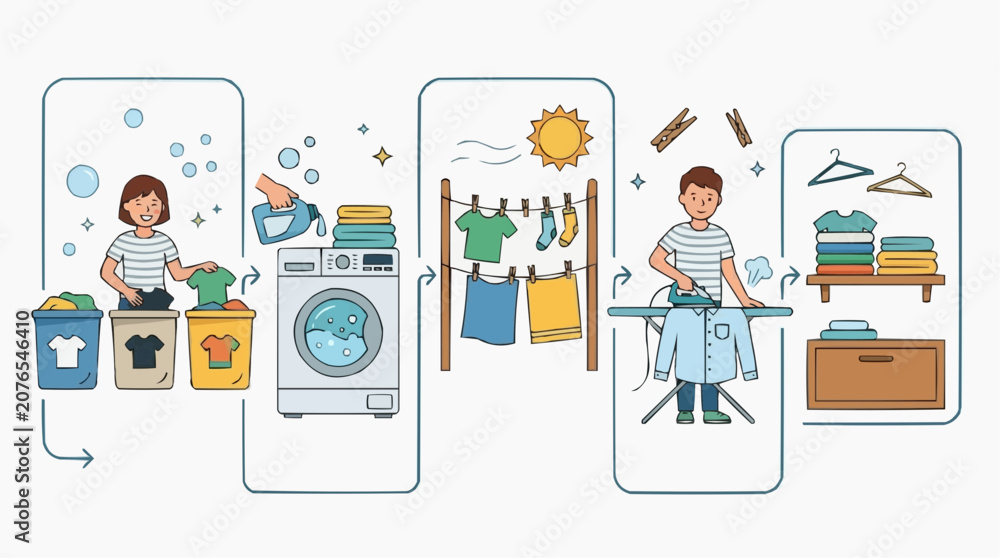 Fototapeta premium Laundry process illustration showing sorting washing drying and ironing clothes step by step Isolated on white background