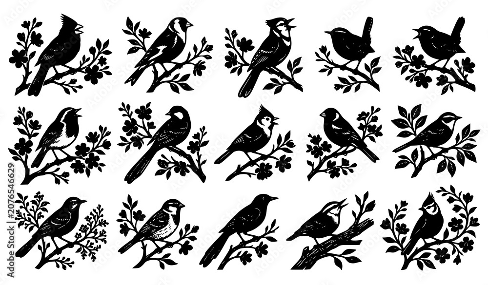 Fototapeta premium Bird Silhouette Collection Perched on Branches with Floral Leaves Decorative Nature Vector Illustration Set
