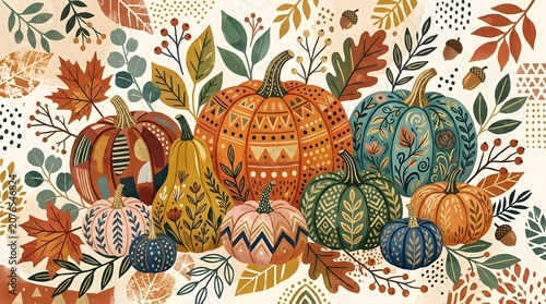 Colorful illustration of decorative pumpkins and leaves on beige background for fall and thanksgiving designs