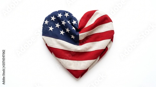 Heart shaped American flag fabric texture representing patriotism and national pride on isolated white background