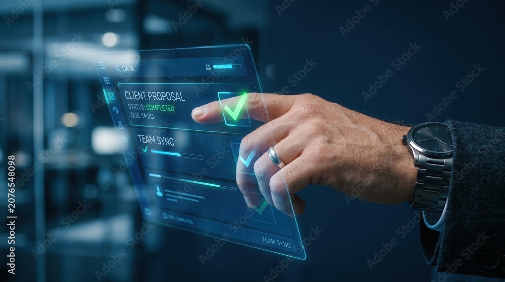 Fototapeta premium Businessman interacting with virtual client proposal on futuristic transparent screen