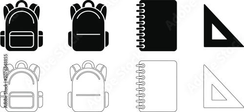 School supplies icon set, black solid and outline backpack, notebook and ruler vector elements, educational stationery symbols for back to school