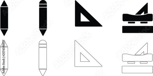 Minimalist drafting and carpentry icons, black silhouette and outline stationery vector set, professional architect and woodworking tools
