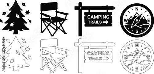 Camping icons set with pine tree and folding chair, black silhouette and outline outdoor adventure symbols, camping trails sign and compass vector