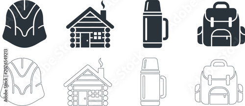 Outdoor adventure camping icons set, 8 hiking and mountain tourism vector elements, black solid and thin line cabin, backpack, and thermos graphics