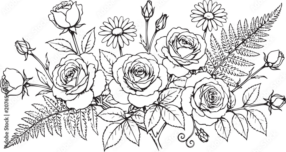 Fototapeta premium Vintage floral line art bouquet, hand drawn rose and daisy botanical illustration, black and white garden flower vector for wedding invitations