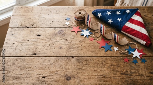 Patriotic decorations with American flag, stars, and burlap ribbon on a rustic wooden table background for holidays like Memorial Day or July 4th