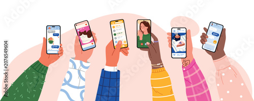 Diverse hands holding smartphone screens with chat, pet photo, contact list, video call, food post and messaging icons isolated on white background vector illustration