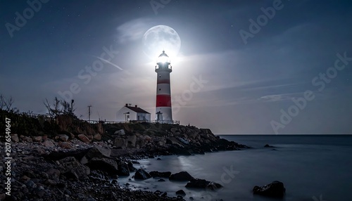 Industrial lighthouse beacon on stormy coastline at dusk.