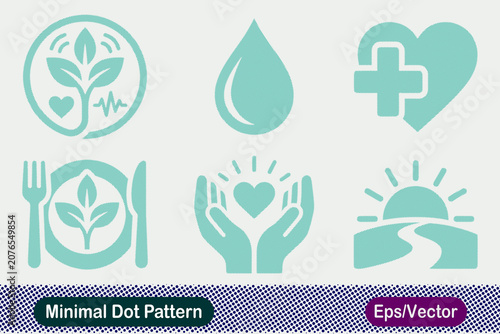 Tableau sur toile Vector icon set of minimal health and wellness icons with a dot pattern texture,