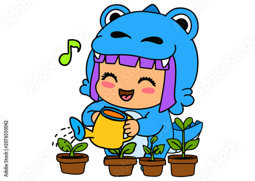 Cute Girl Wearing Blue Dinosaur Pajamas Watering Houseplants