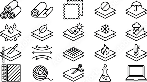 Material and textile layer outline icon collection with fabric properties science and manufacturing concepts