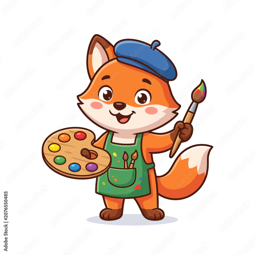 Fototapeta premium Cute Fox Artist with Palette and Brush, Cartoon Character, Creative Fox Painting